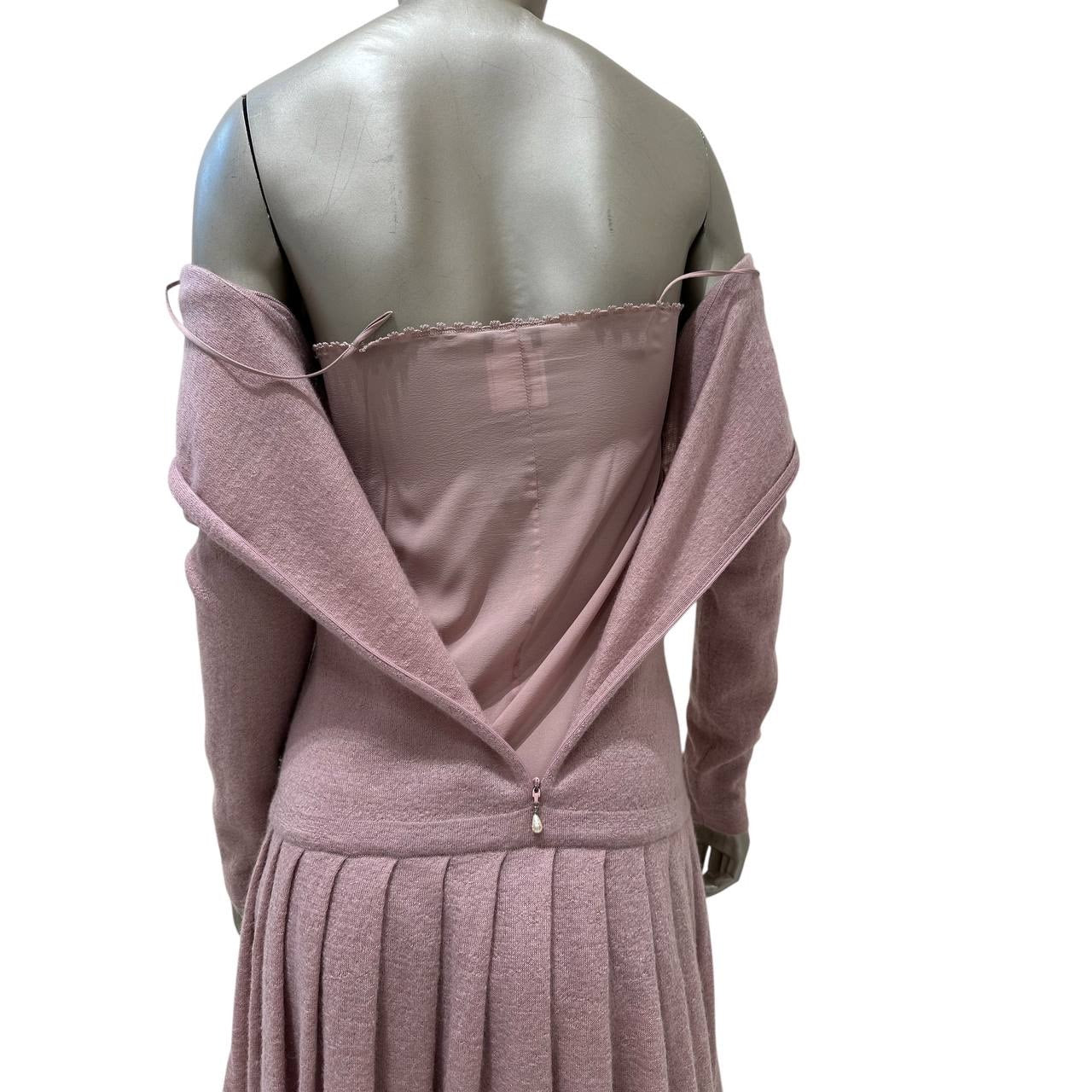 CHANEL 2014 Pink & White Pearl Mohair-Cashmere Dress Sz.38 pre-owned
