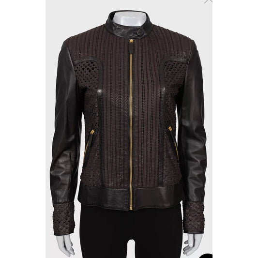 Roberto Cavalli Brown Perforated Leather Jacket - IT40/S pre-owned