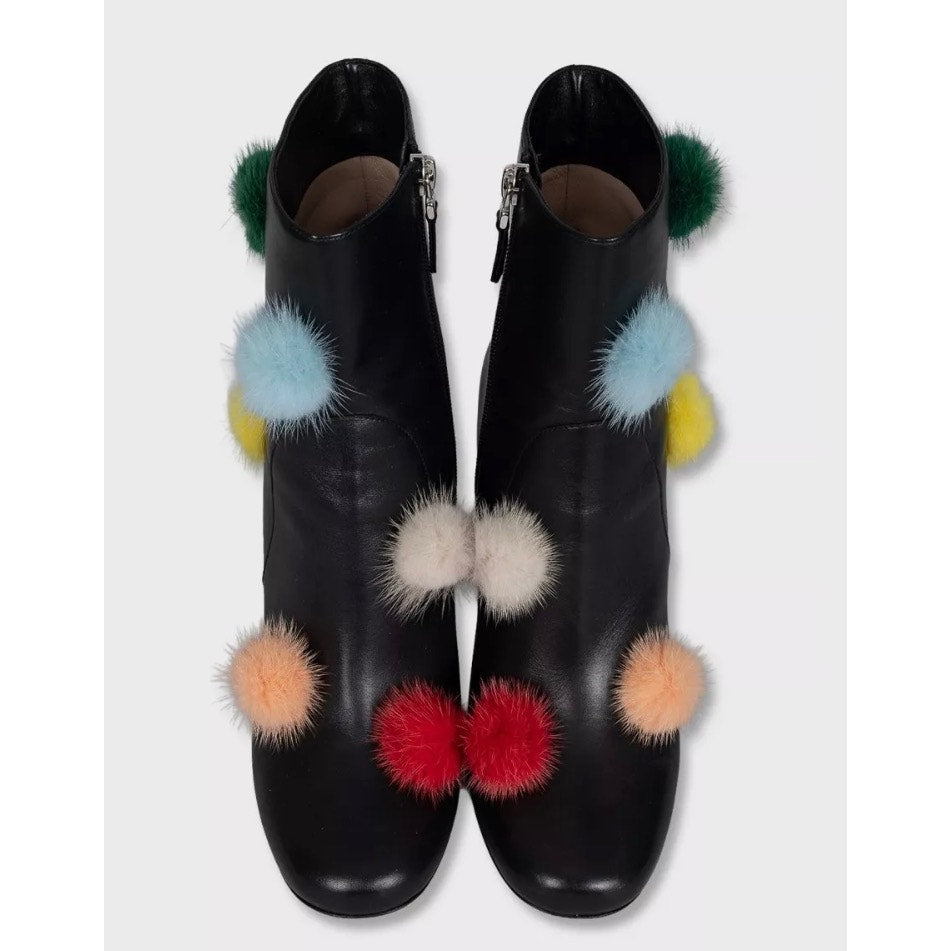 NWB Fendi Black Leather Ankle Boots Fur Pompom EU 39.5 Pre-owned