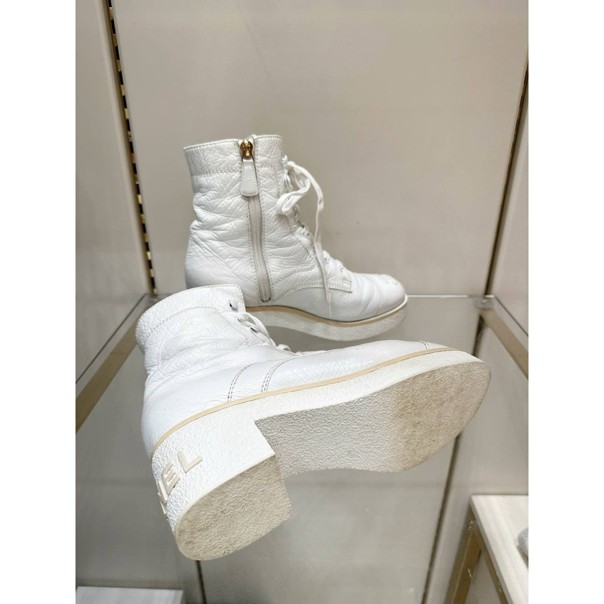 CHANEL 'Ready Steady' White Leather Lace-Up Boots 37.5 Pre-owned