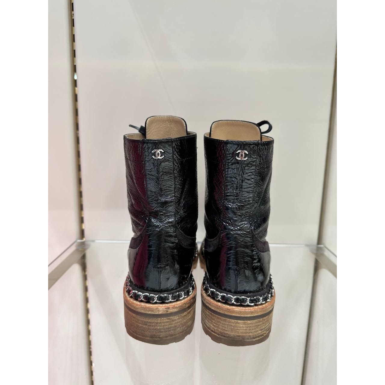Chanel 2015 Brown Patent Leather Ankle Combat Boots Sz.38 pre-owned
