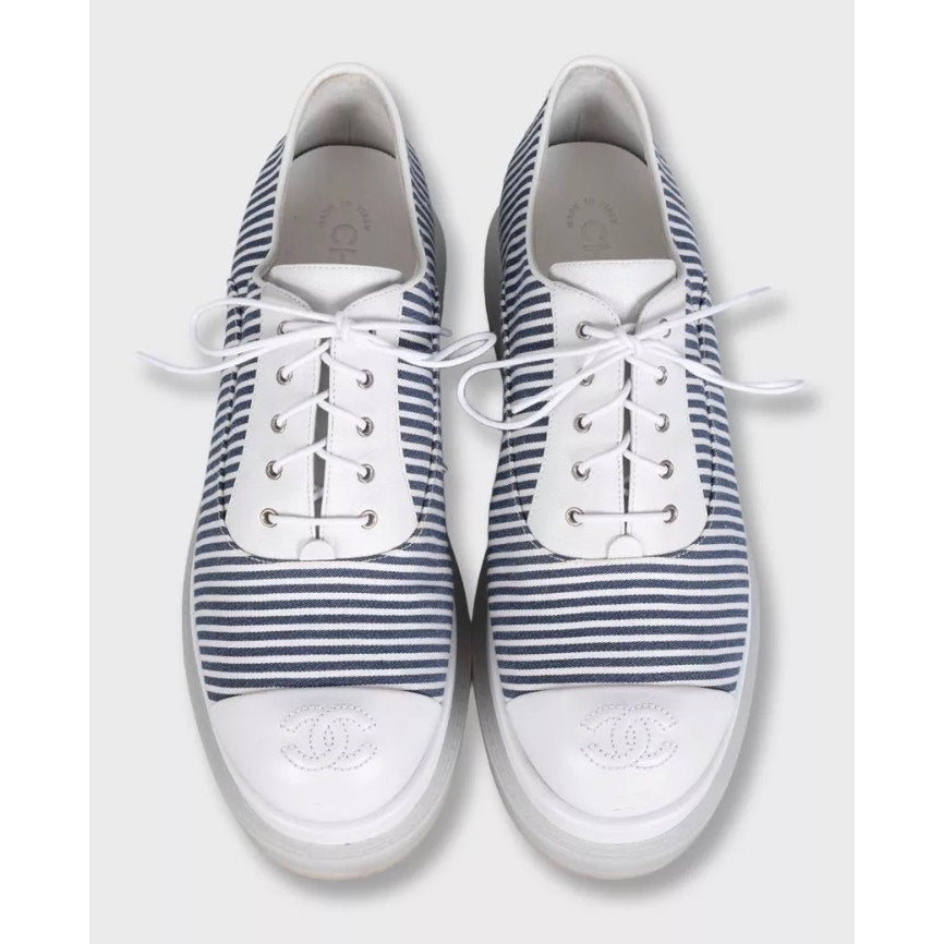 Chanel White Striped Leather & Textile Sneakers - Size 38 Pre-owned