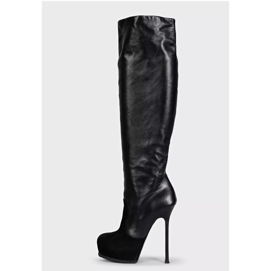 Saint Laurent Black Leather Suede Knee-High Stiletto Boots Sz.39 Pre-owned