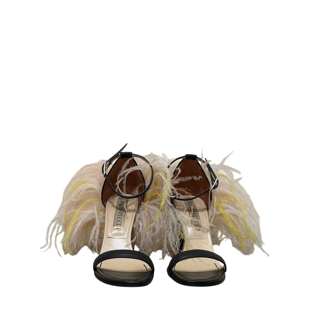 Emilio Pucci Feathered Strap High Block Heel Sandals sz. 39 Pre-owned