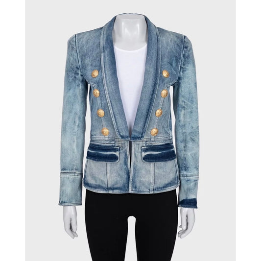 Balmain Double-Breasted Blue Denim Jacket - Size 38 pre-owned