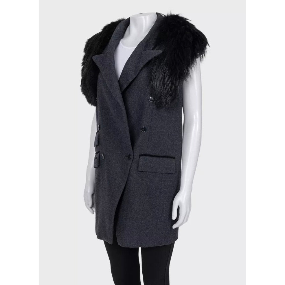 Dolce & Gabbana Gray Wool & Faux Fur Double-Breasted Vest Sz.40 pre-owned