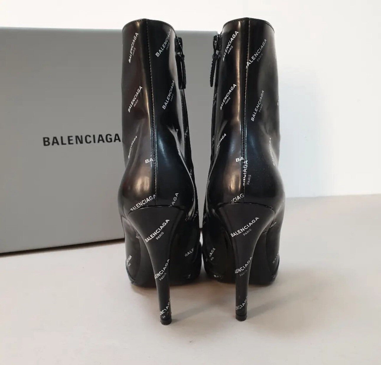 Balenciaga Knife Black Patent Leather Logo Print Booties  Sz.38