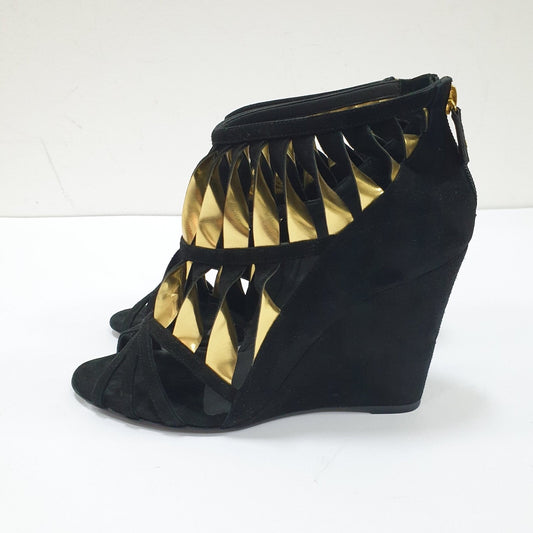 ChanelGold Black Suede Wadge Sandals Sz.39