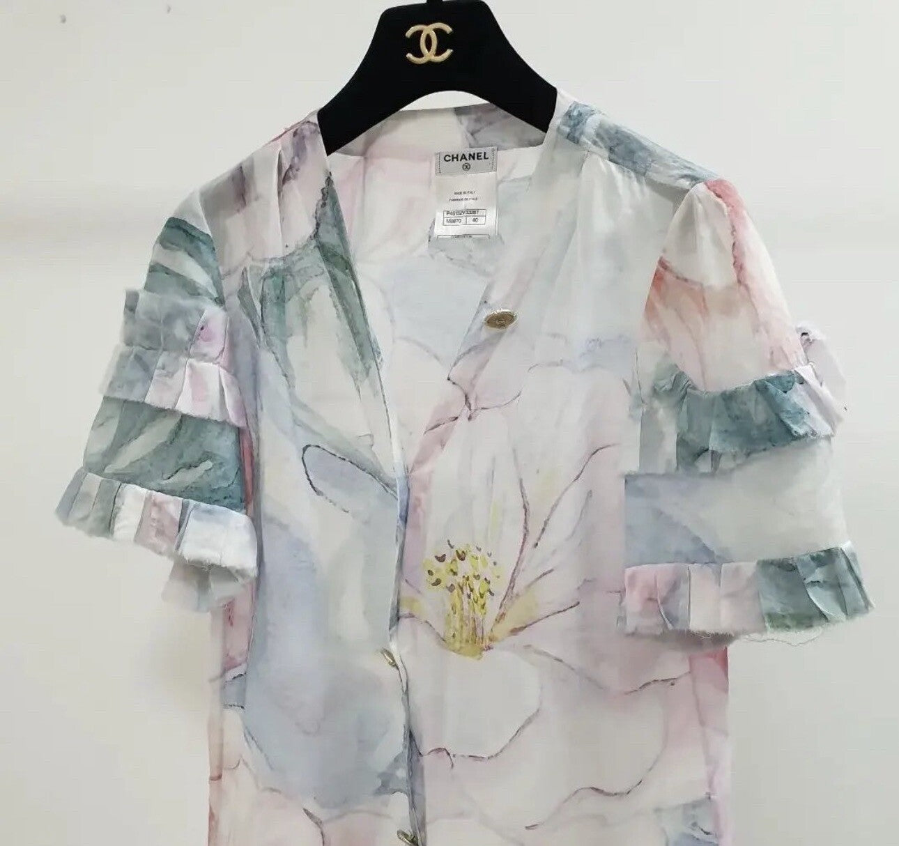 Chanel Multicolor Floral Print Ruffle Cotton Blouse Sz.40