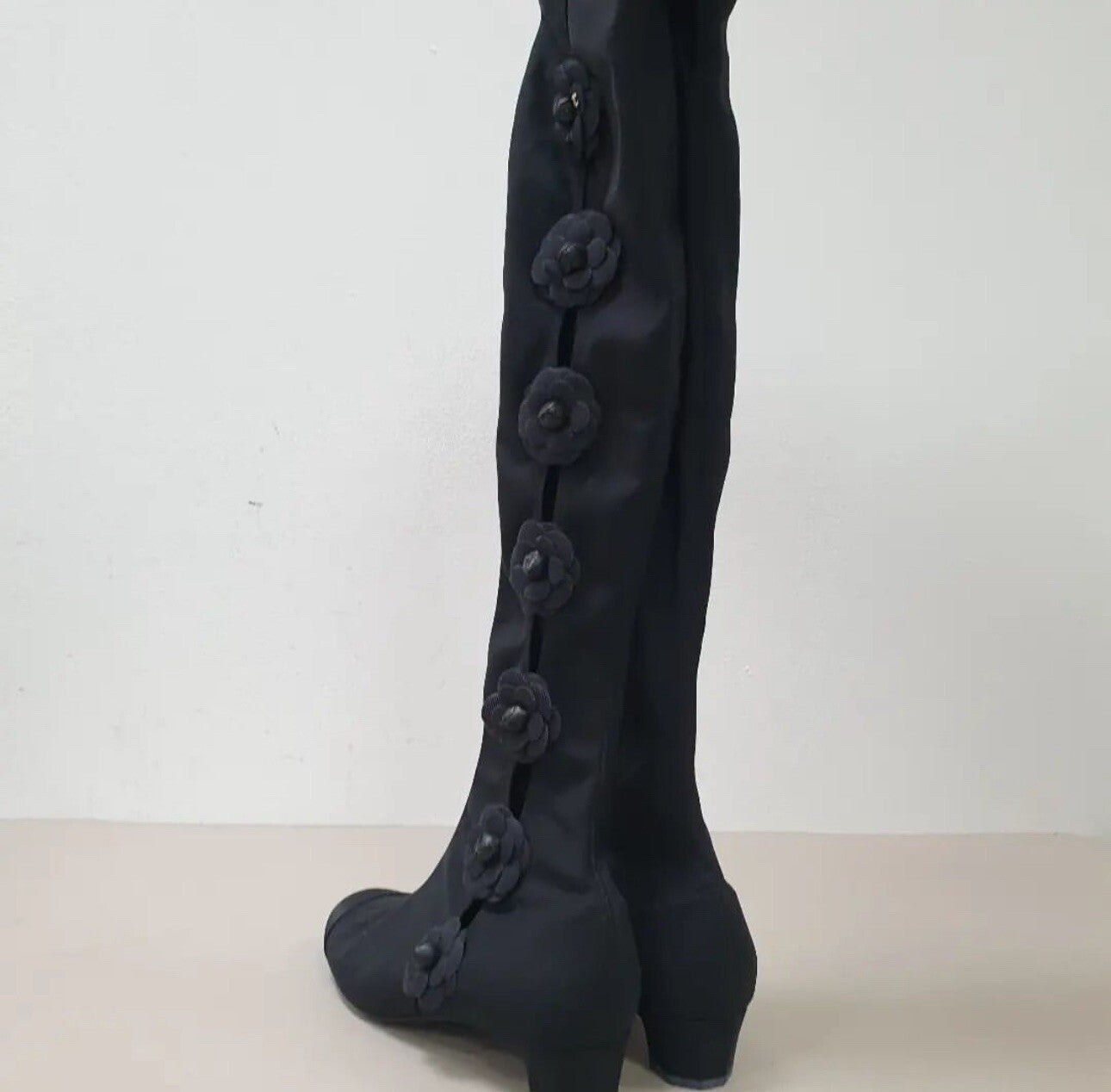 Chanel Black Textile Camellia  Over The Knee Sokcks Boots  Sz. 38,5