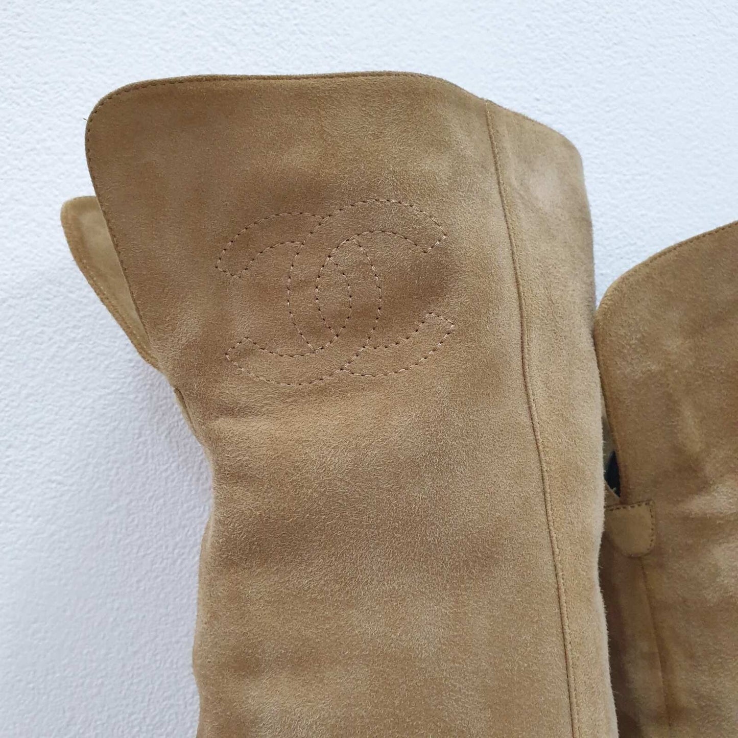 CHANEL Beige Suede Cap Toe CC Thigh High Over The Knee Tall Boots Sz. 38.5