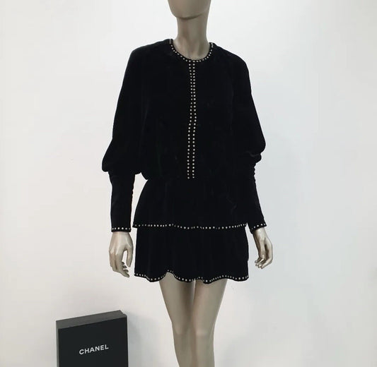 SAINT LAURENT Studded Ruffled Velvet Mini Black Dress Sz 36