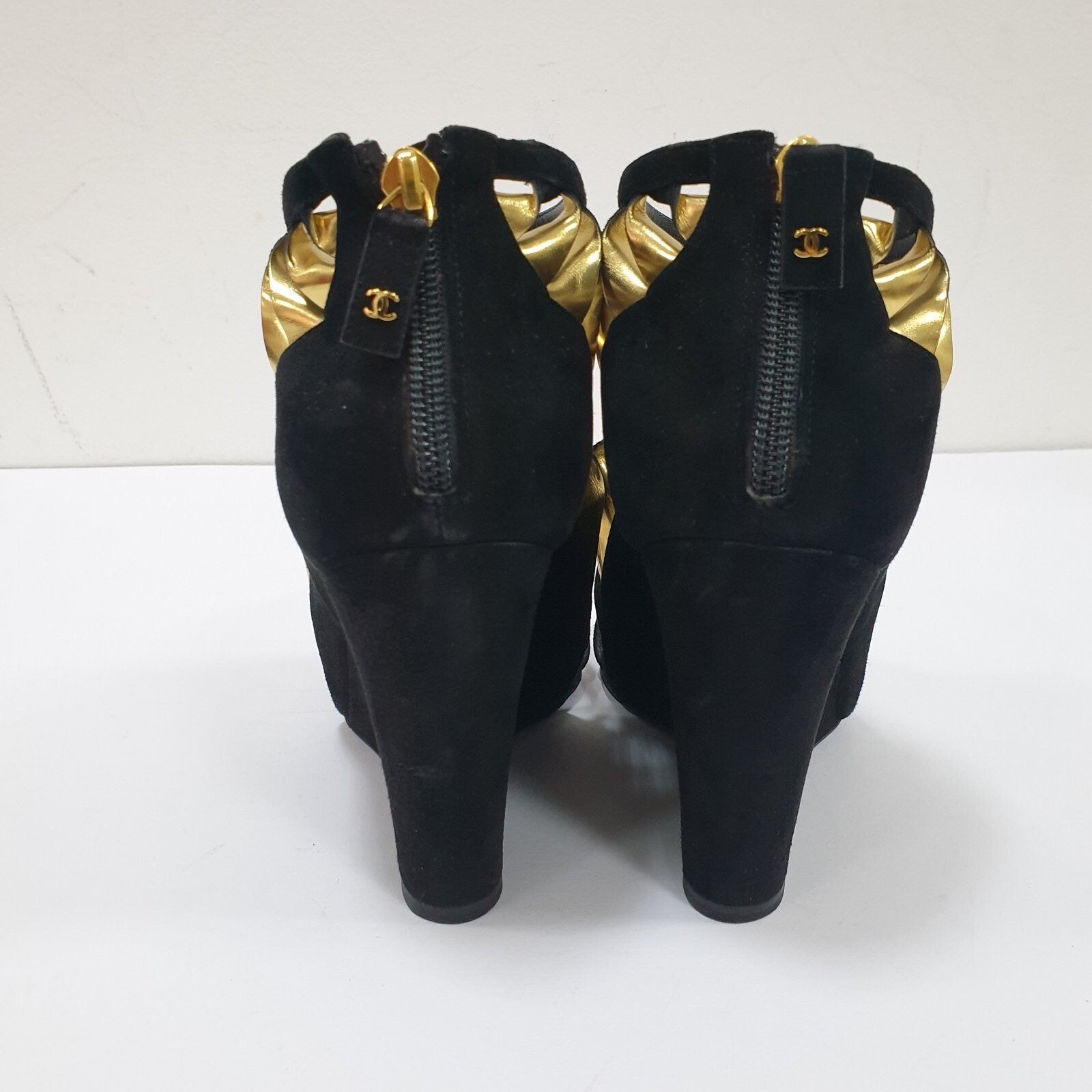 ChanelGold Black Suede Wadge Sandals Sz.39