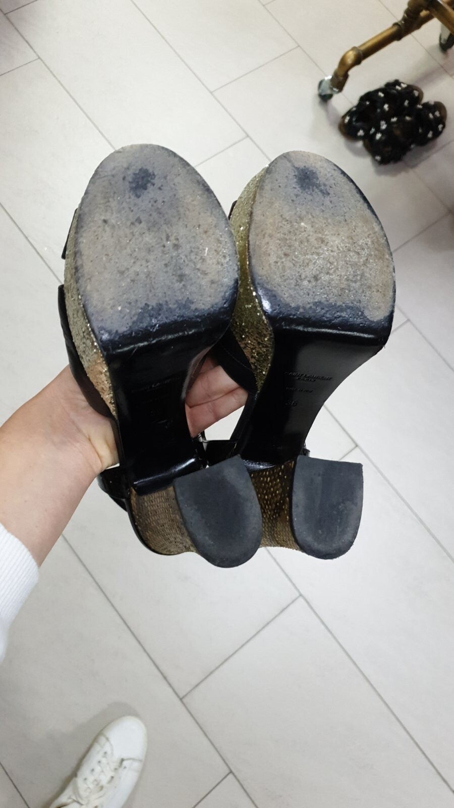 Saint Laurent Black Leather Python Heeled Platform Sandals Sz.36