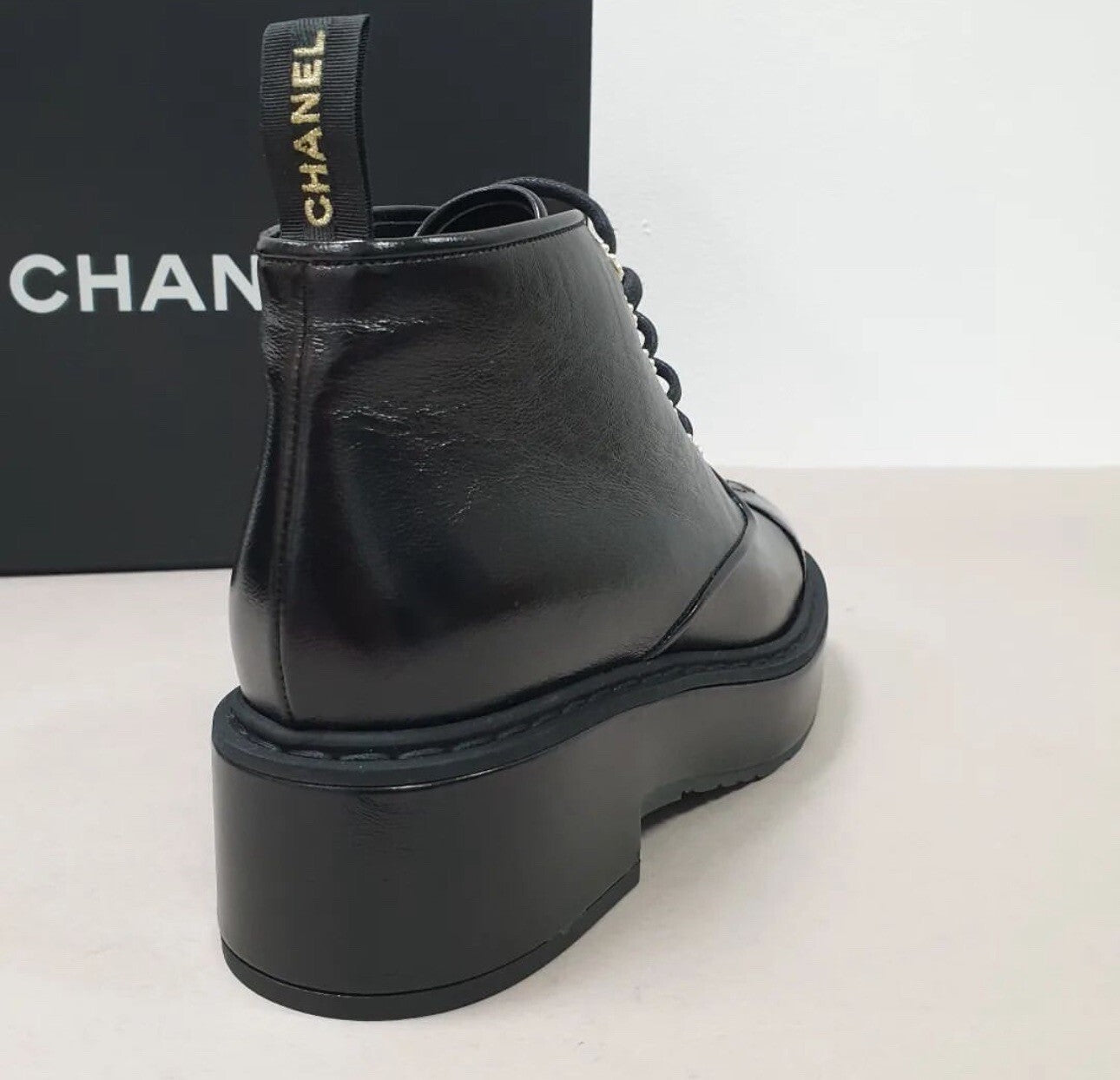 NWOB Chanel Black Shiny Calfskin Pearl Lace-Up Combat Short Boots Sz.39.5