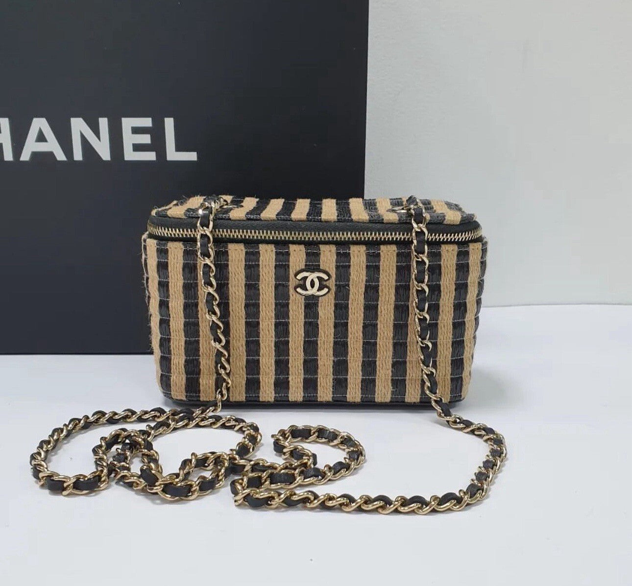 Chanel Vanity Chain Raffia Jute Thread Black Beige Bag