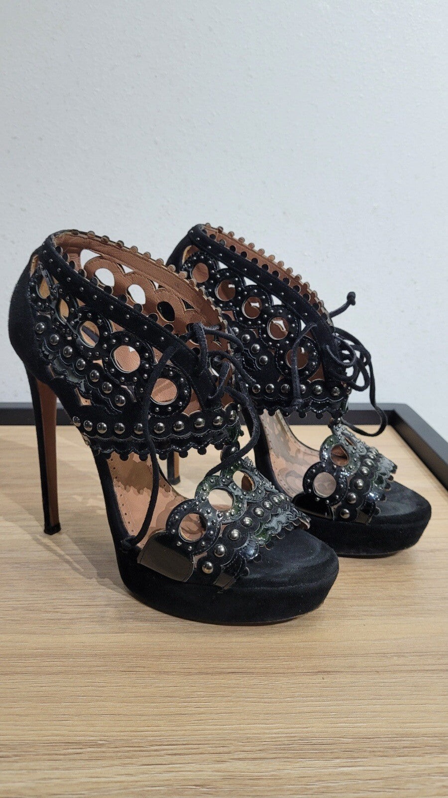 ALAIA Black Laser Cut Leather Suede Studs Platform Heels Sandals sz.38