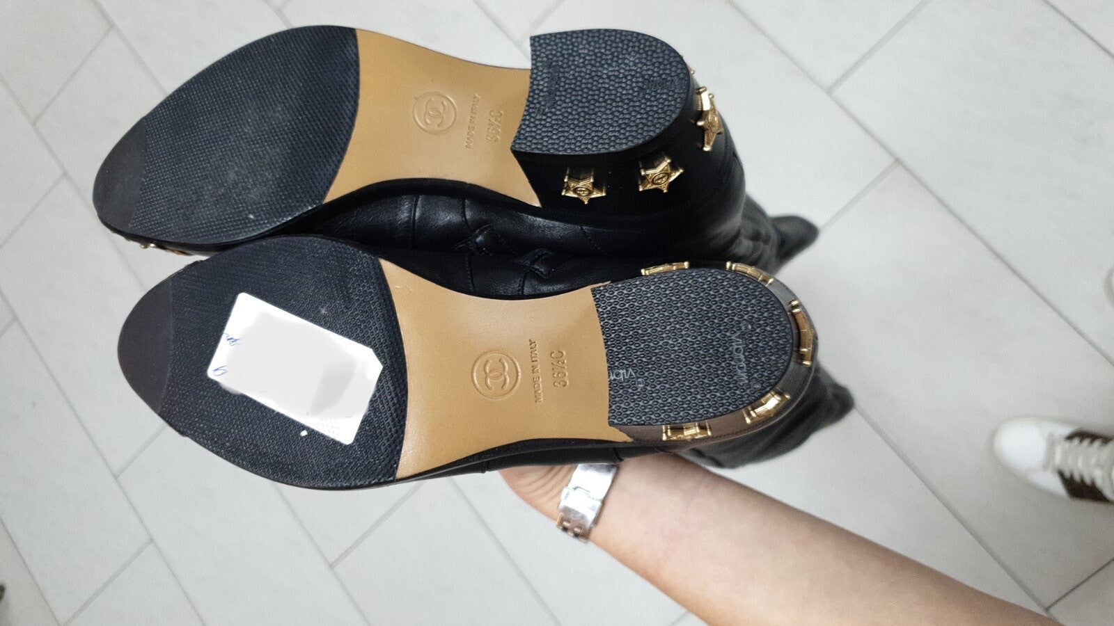 Chanel Black Leather Paris Dallas Metal Cap Toe Thigh High Boots/Bootie Sz. 36.5