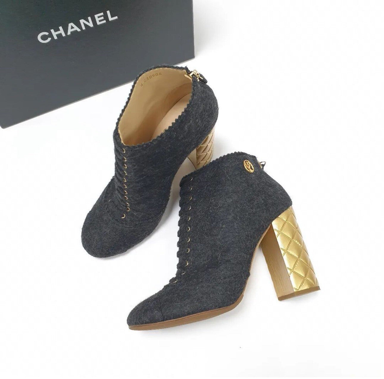 CHANEL Paris-Salzburg Grey Wool Quilted Gold Heeled Ankle Boot   Sz.39.5