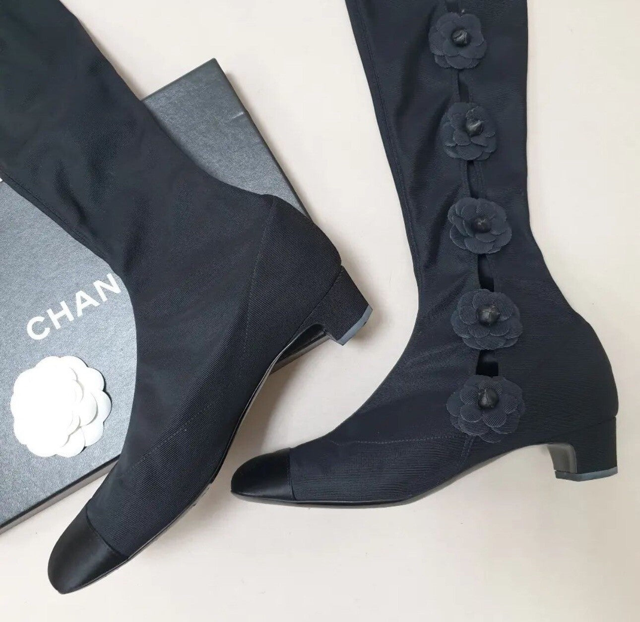 Chanel Black Textile Camellia  Over The Knee Sokcks Boots  Sz. 38,5