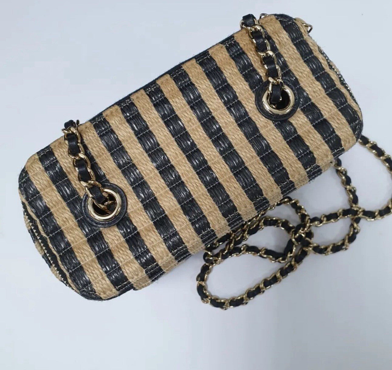 Chanel Vanity Chain Raffia Jute Thread Black Beige Bag