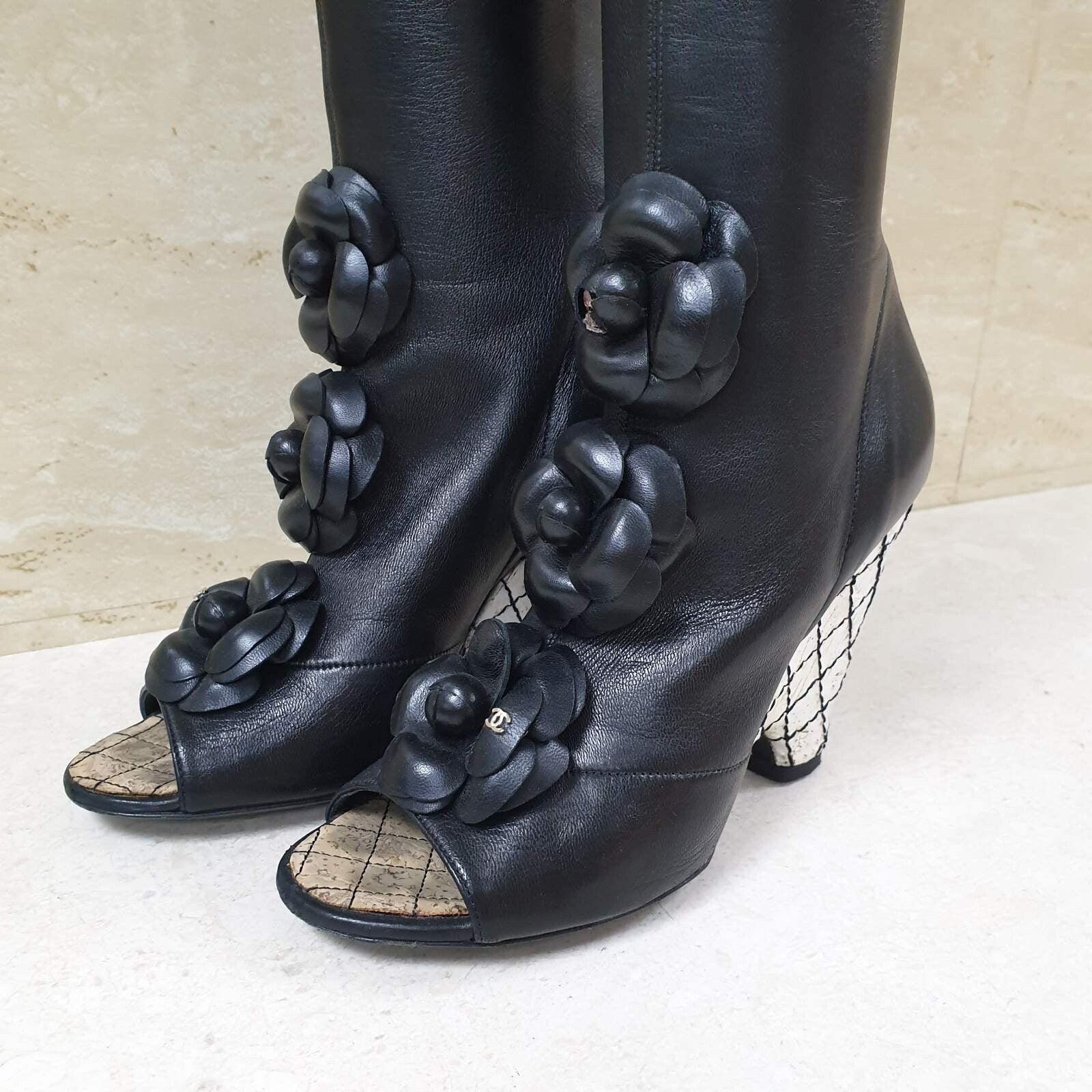 Chanel Black Leather Camellia Wedge Over The Knee Boots  Sz. 37