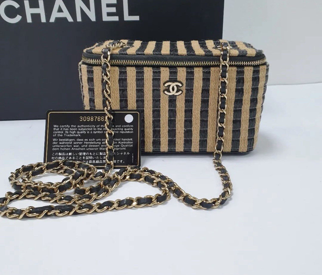 Chanel Vanity Chain Raffia Jute Thread Black Beige Bag