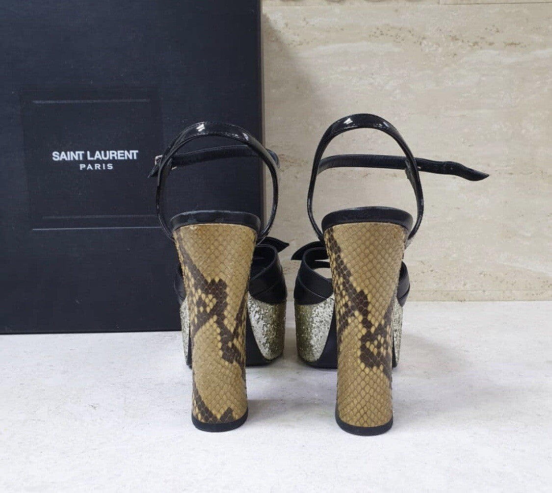 Saint Laurent Black Leather Python Heeled Platform Sandals Sz.36