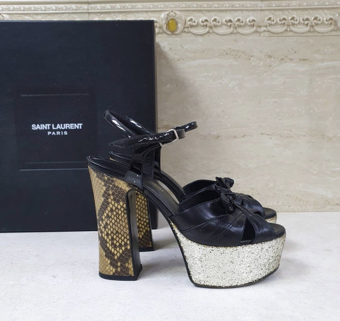 Saint Laurent Black Leather Python Heeled Platform Sandals Sz.36
