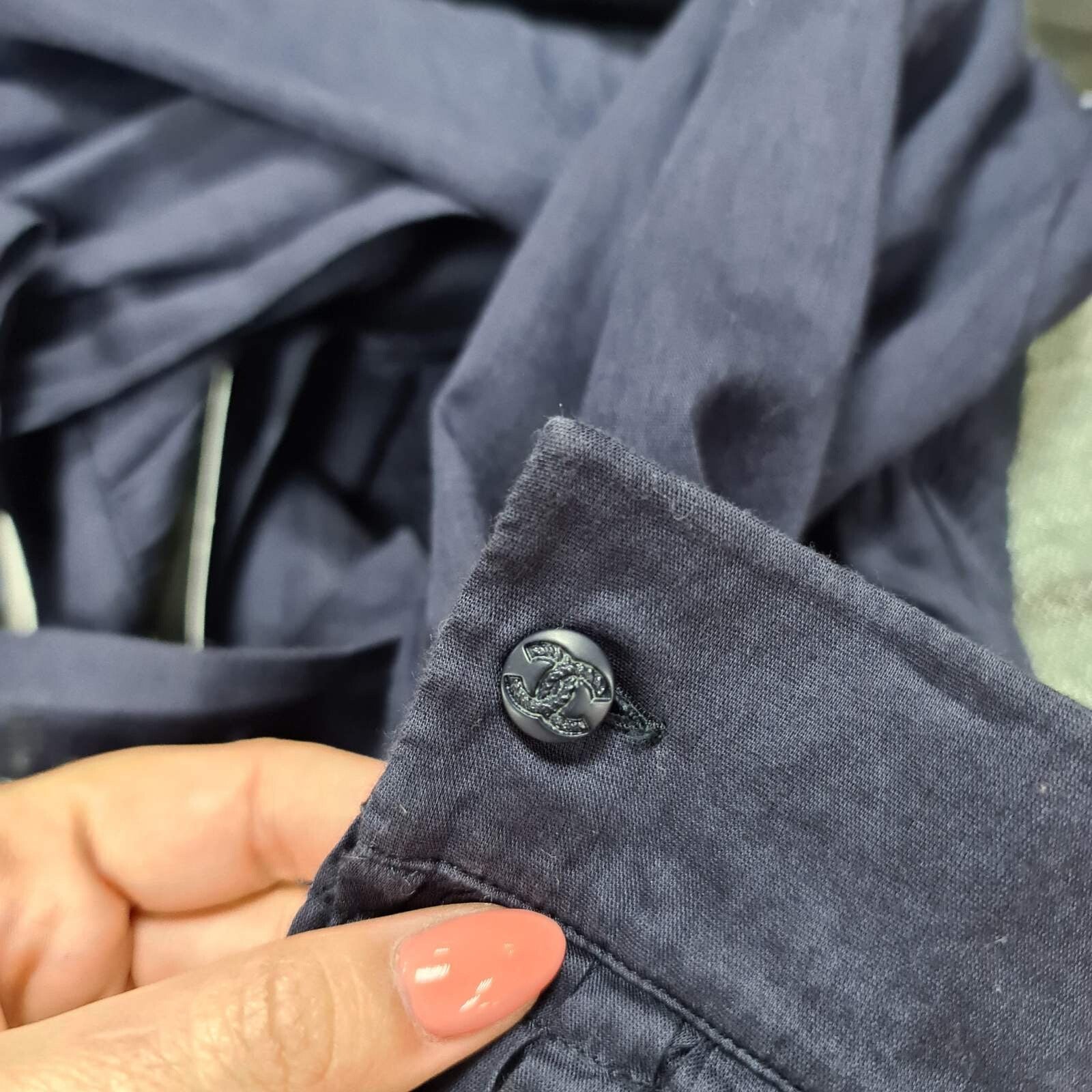 CHANEL Navy Blue Cotton Waist 2 Cc Logo Buttons Blouse Top Sz.36