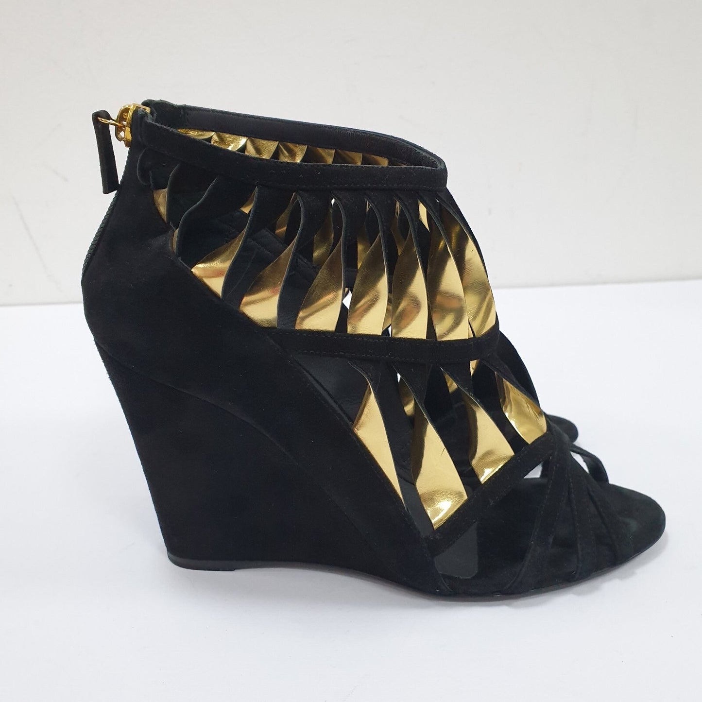 ChanelGold Black Suede Wadge Sandals Sz.39