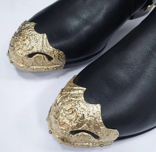 Chanel Black Leather Paris Dallas Metal Cap Toe Thigh High Boots/Bootie Sz. 36.5