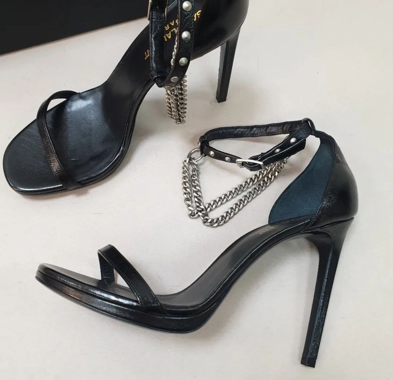 NWOB Saint Laurent Black Leather Heeled Sandals Sz.38.5