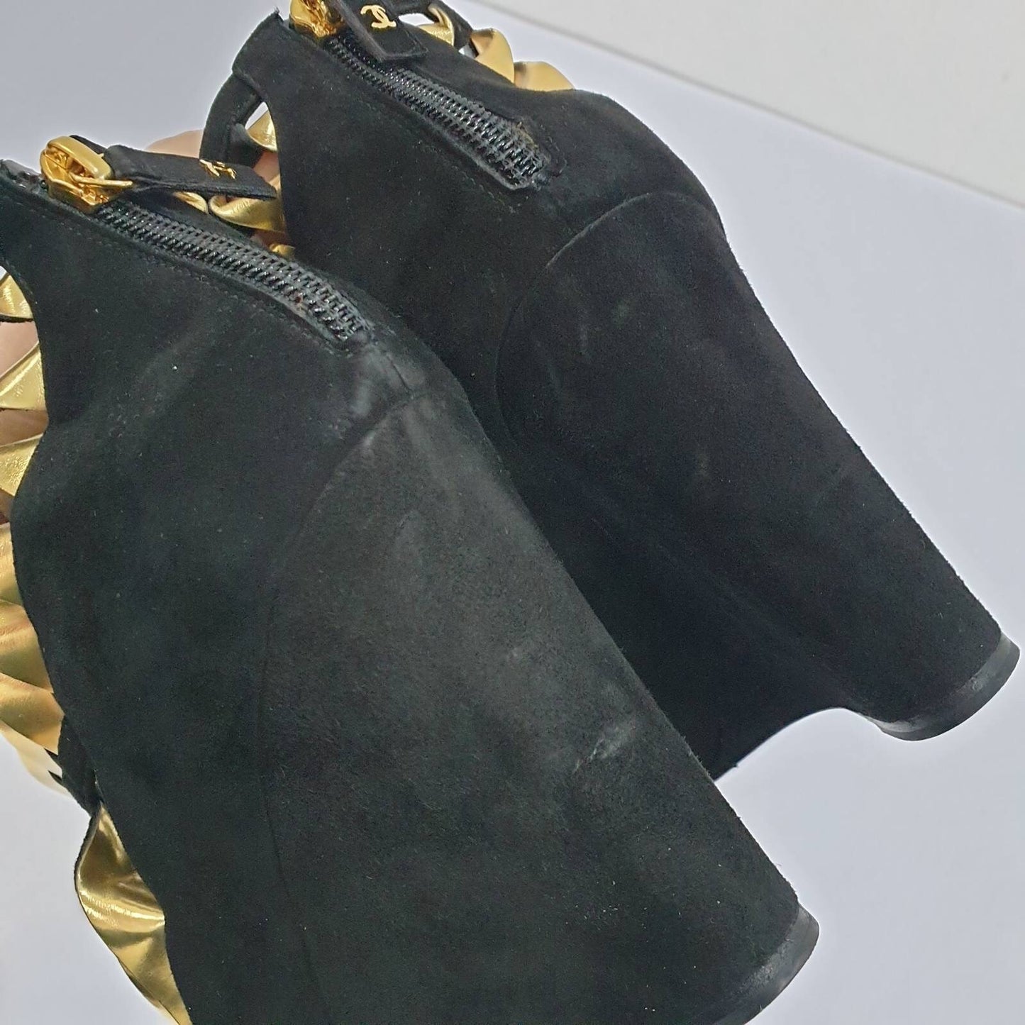ChanelGold Black Suede Wadge Sandals Sz.39