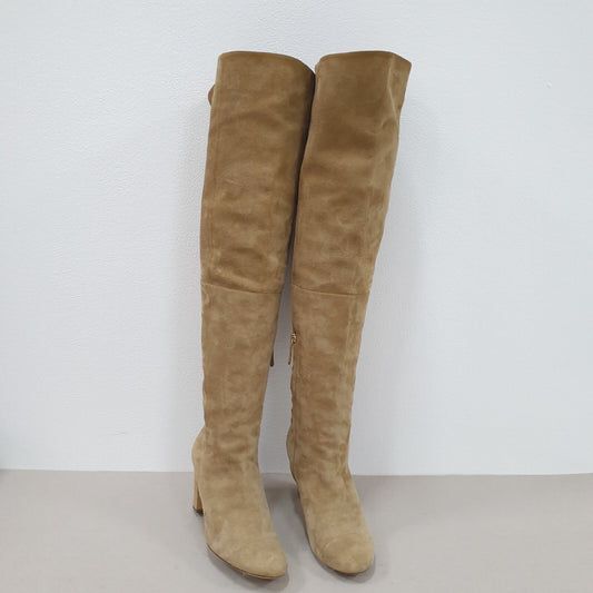 CHANEL Beige Suede Cap Toe CC Thigh High Over The Knee Tall Boots Sz. 38.5