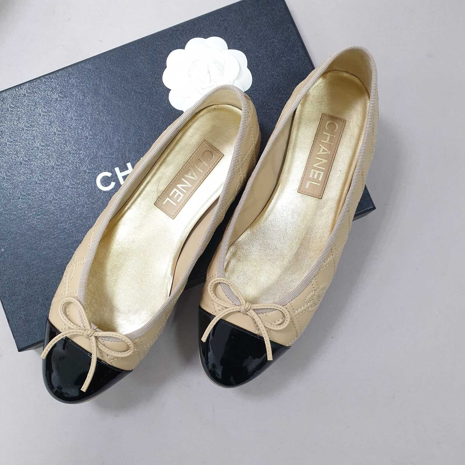 Lambskin Patent Double Stitched CC Cap Toe Ballerina Flats Sz.39.5