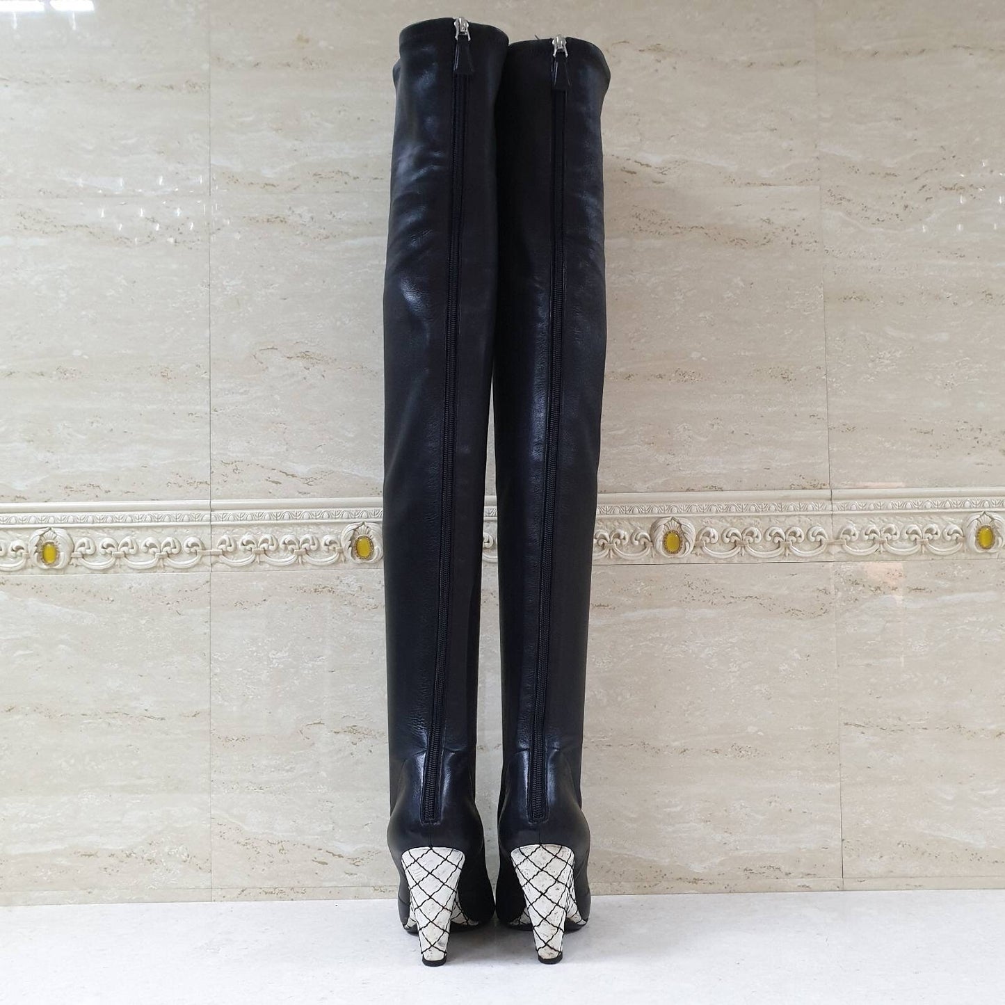 Chanel Black Leather Camellia Wedge Over The Knee Boots  Sz. 37