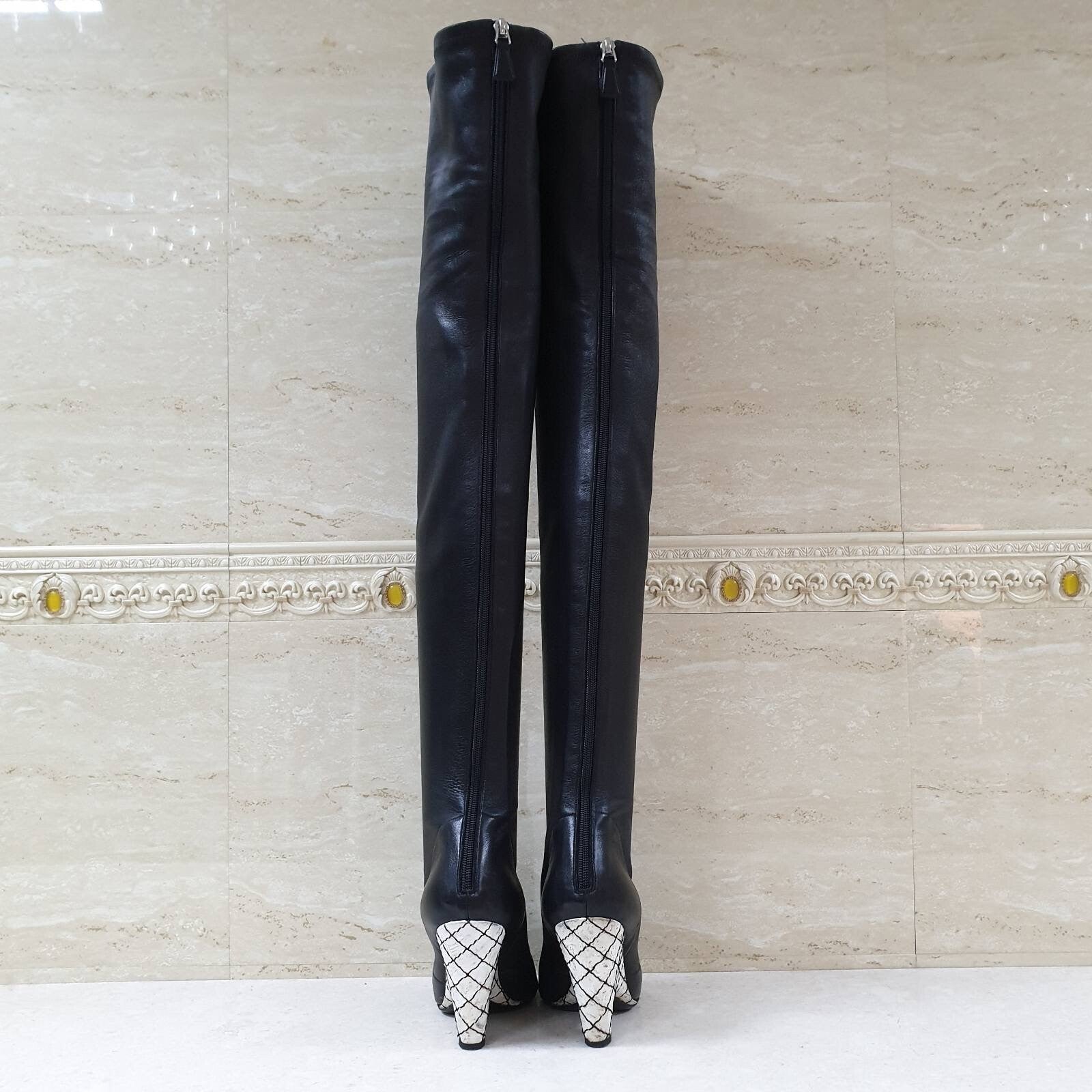 Chanel Black Leather Camellia Wedge Over The Knee Boots  Sz. 37