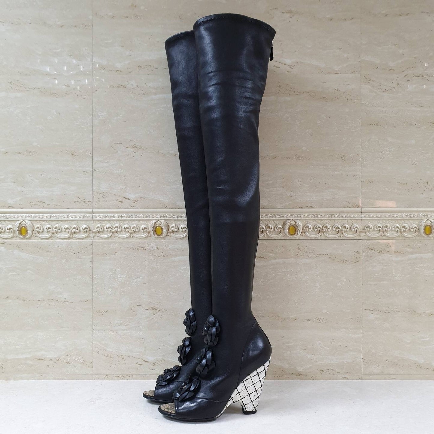 Chanel Black Leather Camellia Wedge Over The Knee Boots  Sz. 37