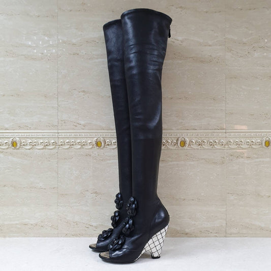 Chanel Black Leather Camellia Wedge Over The Knee Boots  Sz. 37