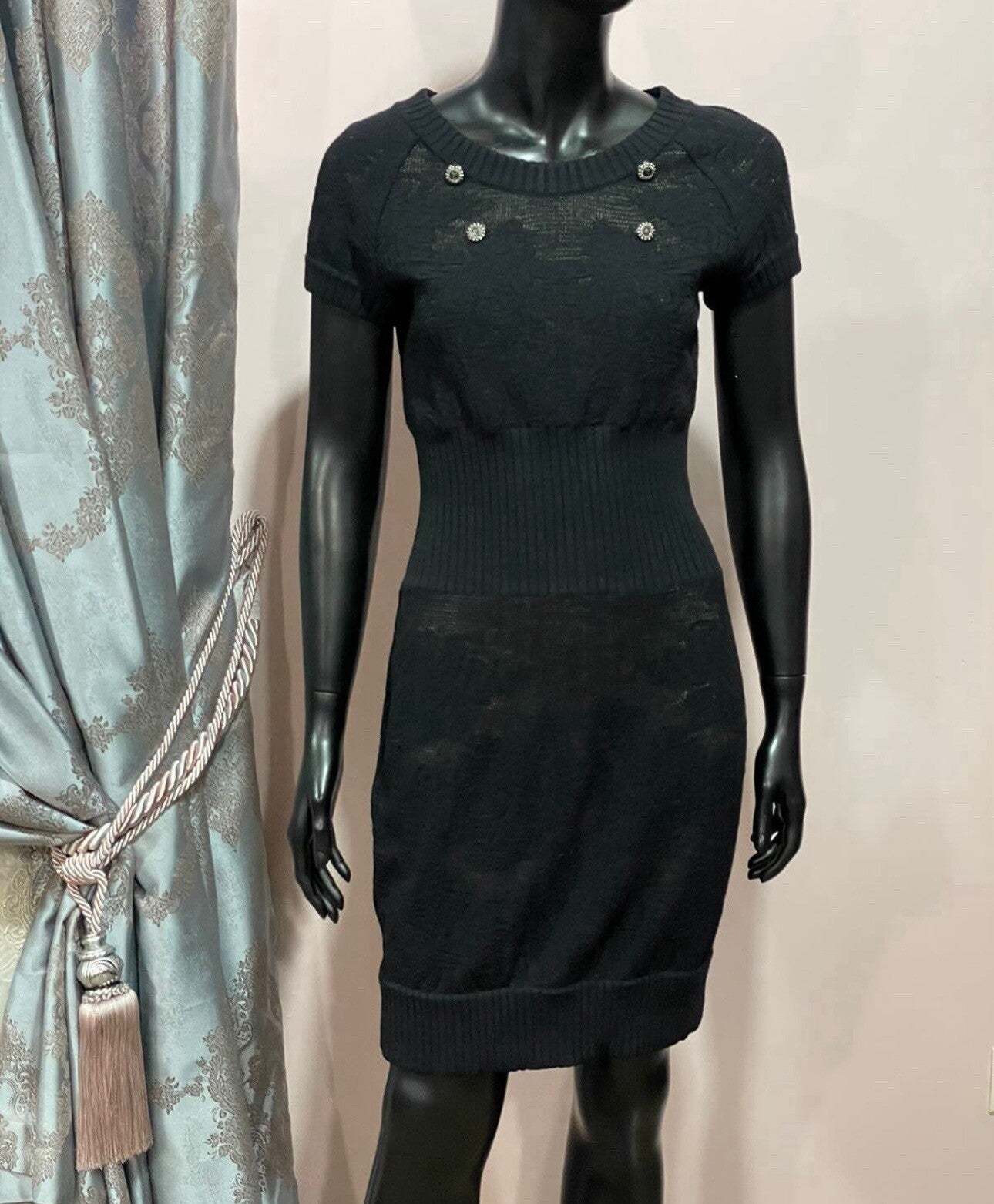 Chanel Black Knit Short Sleeve CC Button Mini Dress Sz.40