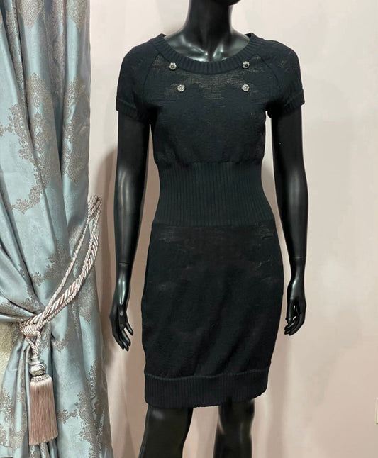 Chanel Black Knit Short Sleeve CC Button Mini Dress Sz.40