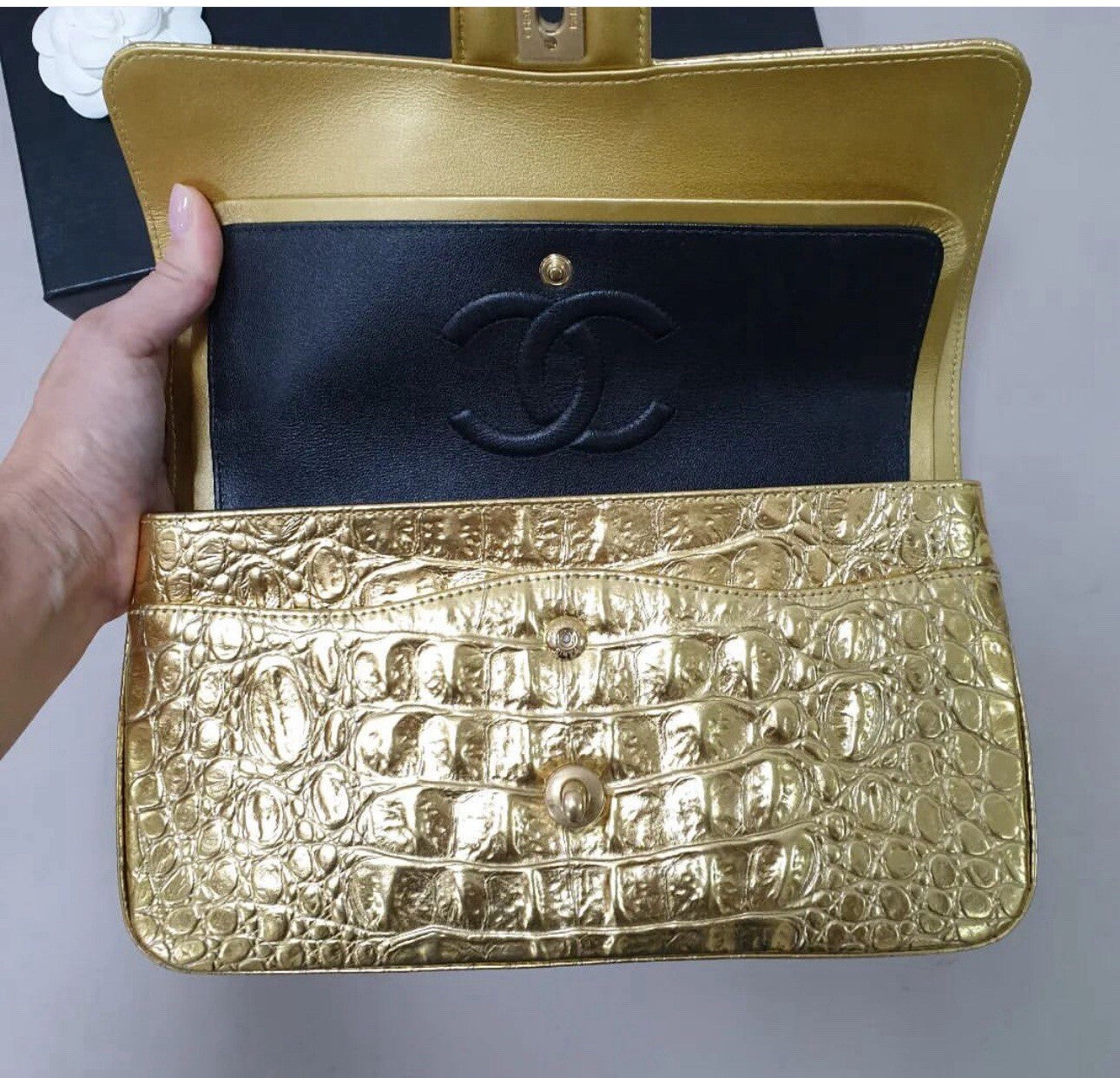Chanel Gold Croco Embossed Double Flap  Shoulder Bag