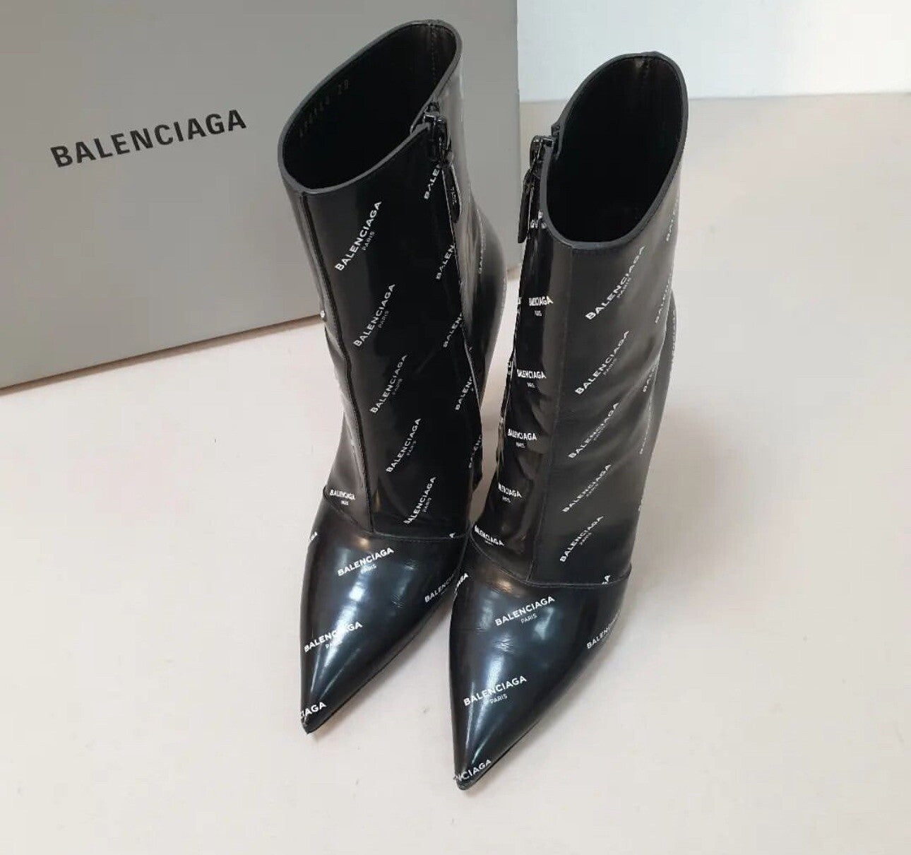 Balenciaga Knife Black Patent Leather Logo Print Booties  Sz.38