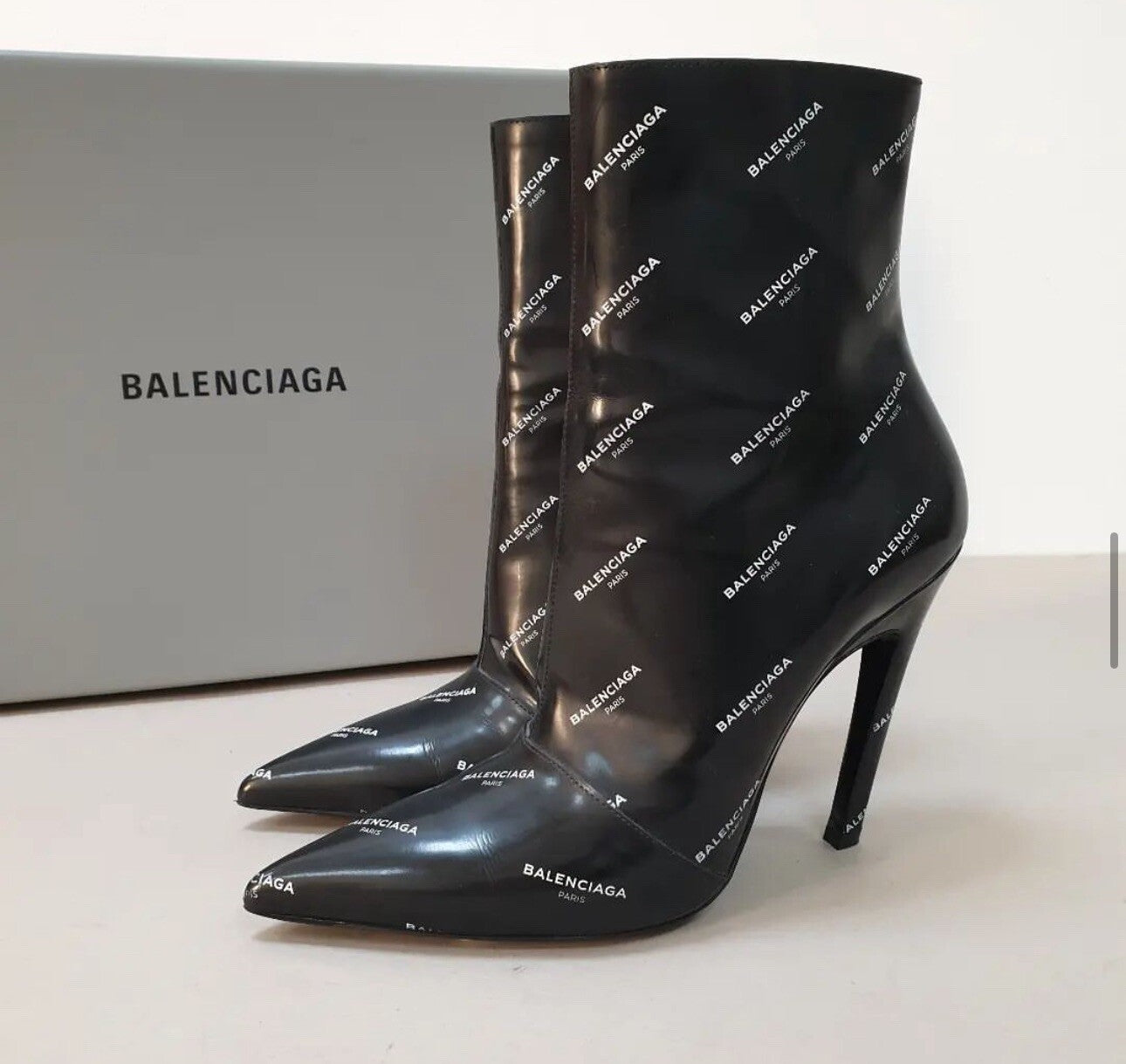 Balenciaga Knife Black Patent Leather Logo Print Booties  Sz.38