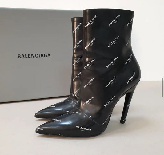 Balenciaga Knife Black Patent Leather Logo Print Booties  Sz.38