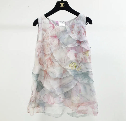 Chanel Multicolor Floral Print Ruffle Silk Blouse Sz.40