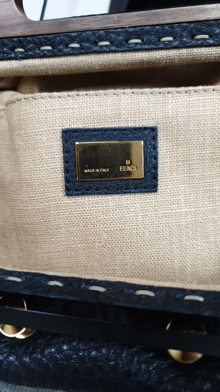 Fendi Black Leather Walnut Wood Handle Clutch Bag