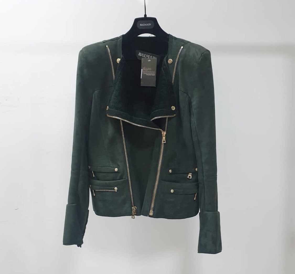 Balmain Green Women's Shearling Biker Style Jacket Jacket Sz.38