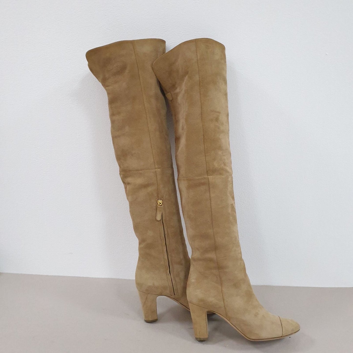 CHANEL Beige Suede Cap Toe CC Thigh High Over The Knee Tall Boots Sz. 38.5